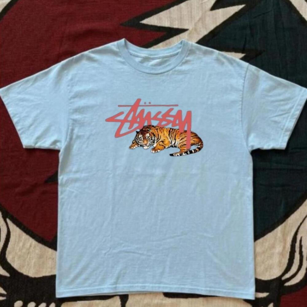 Gildan Men Light Blue T-Shirt, Stussy Blue Tiger Tee